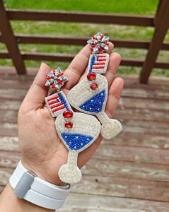 Exclusive Design <b>Red</b> White Blue Statement Beaded Crystal Rhinestone Silver Plated Dangle <b>Earrings</b> Beer Mug Trendy Independence - Product Image 5