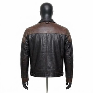 Blouson de motard homme en cuir de vachette véritable bicolore marron et noir, col rabattable, fermeture éclair intégrale, effet vieilli, veste moto pour homme - Product Image 3