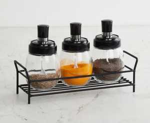 Glass Spice Jars Set with Spoons Clear Seasoning Condiment Pot Salt Sugar Bottle Dispenser Holder Black Wire <b>Storage</b> <b>Rack</b> - Product Image 1