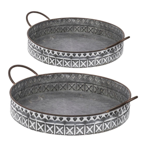 Ensemble de 2 plateaux de service ronds en fer galvanisé avec poignées, décoratifs, style farmhouse, gris, en métal, pour table, à prix compétitif - Product Image 1