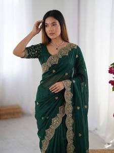 Sari de seda georgette suave y pesado para mujer con bordado C Pallu y borde con trabajo Zari, hecho en India - Product Image 4
