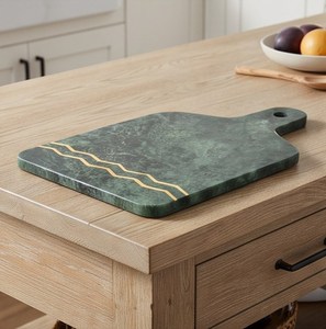 Planche à découper décorative en marbre vert avec poignée, motif vague dorée, rectangulaire - Product Image 3