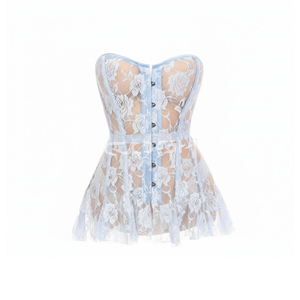 Corset bleu en dentelle transparente avec baleines en acier et mini-jupe évasée |   Fabricant de lingerie sexy sur mesure - Product Image 1