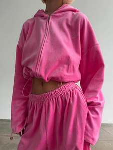 Ensemble de survêtement rose à capuche pour femme, manches longues, fermeture éclair, coupe décontractée ample avec poches latérales, taille élastique, style printemps - Product Image 1