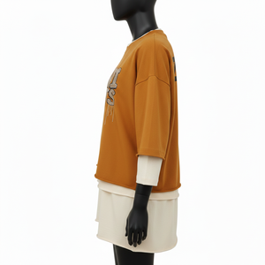 T-shirt oversize en jersey de coton double couche pour femme, style streetwear, avec logo en strass thermocollé, chemise double couche en coton pour femme - Product Image 3