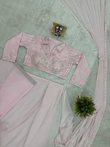Faux Georgette Embroidered <b>Saree</b> Stitched <b>Blouse</b> Ready To Wear Pre Drape Women Indian Wedding Festive Ethnic Suit - Product Image 3