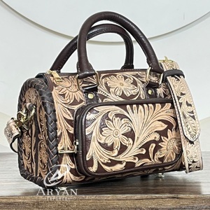 Bolsos de Viaje de Cuero Genuino Estilo Western, Hechos a Mano, con Diseño Floral, Medianos, Tipo Duffel, para Fin de Semana - Product Image 1