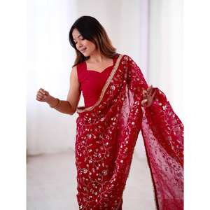 SRK Designer <b>Red</b> Indian/Pakistani <b>Silk</b> Saree for Party Wear Unstitched Embroidered Sequence Work for a Stylish Look - Product Image 3