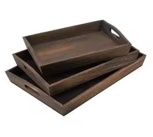 Dark Wooden Serving Tray <b>Set</b> with Cutout Handles Rectangular <b>Rustic</b> Food Tray for Kitchen <b>Dining</b> Coffee <b>Table</b> - Product Image 3