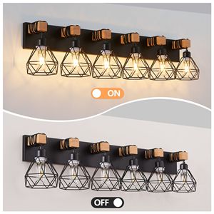Lampada da Bagno Moderna Geometrica a 6 Luci da 38 Pollici con Accenti in Metallo Nero e Legno, Paralume a Gabbia per Bagno e Camera da Letto - Product Image 5