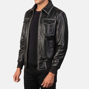 Men's Black Genuine Leather Moto Jacket Turn-Down Collar Zipper Front Solid Color Autumn Wear - Product Image 2