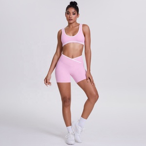 Pink Two Piece Yoga Set Racerback <b>Crop</b> <b>Top</b> High Waist Shorts Seamless Cut-Out Design Contrast Binding - Product Image 3