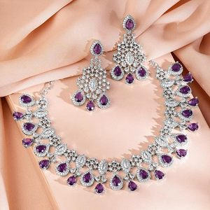 Silver Plated Alloy Necklace and Earring Set with Amethyst Pear <b>Cut</b> <b>Stones</b> Classic Flower Design <b>for</b> Women Wedding Jewelry - Product Image 6