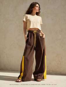ONETEN Women's Brown Color Block Wide Leg Drawstring Pants <b>Elastic</b> <b>Waist</b> Side Stripe Casual <b>Trousers</b> - Product Image 1