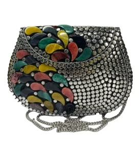Circular <b>Silver</b>-Plated Metal <b>Clutch</b> Bag With Green Inlay Design Fashion Handbag - Product Image 4