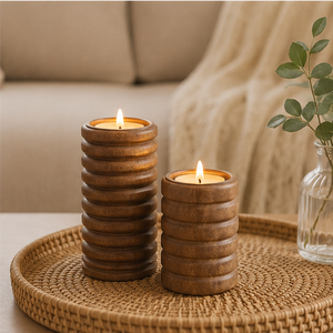 Handmade Ribbed Wooden <b>Tea</b> Light Candle Holder Set For Home Decoration Natural Wood Fluted Candlestick <b>Stand</b> For Tabletop Decor - Product Image 2