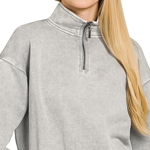 Sudadera de punto gris para mujer con media cremallera, cuello simulado, ajuste regular, mezcla de algodón sólido, transpirable, informal, para otoño - Product Image 2