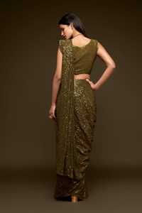 Sari de Georgette Verde Oliva al por Mayor con Lentejuelas Completas y Bordados, Traje Tradicional Indio de Lujo para Cóctel, Fiesta y Boda - Product Image 4