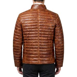 <b>Men's</b> Brown Genuine Leather puffer <b>Jacket</b> Stand Collar Zipper Closure Windproof <b>Smart</b> Casual Autumn Wear - Product Image 3