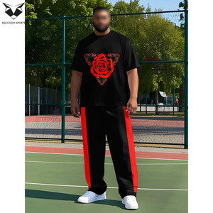 Nuevo conjunto informal para hombre de talla grande con estampado digital 3D de rosas rojas, camiseta de cuello redondo de manga corta y pantalones largos con cordón ajustable. - Product Image 2