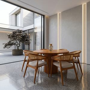 Juego de Mesa de Comedor Redonda Moderna de Teca Sólida, Elegante y de Lujo, Estilo Japandi, con Sillas de Mimbre, Acabado Natural, para Resort, Villa o Restaurante - Product Image 4