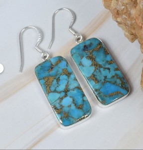 Wholesale Natural Blue Copper Turquoise <b>Earrings</b> 925 Sterling <b>Silver</b> Handmade Rectangle Copper Turquoise Drop <b>Dangle</b> <b>Earrings</b> - Product Image 1