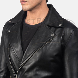 Blouson de motard en cuir noir pour homme, coupe ajustée, en véritable peau de mouton, automne-hiver, décontracté, style motard, vêtement d'extérieur tendance - Product Image 4
