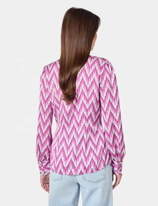 Chemisier à col noué pour femme, rose, motif géométrique tissé, anti-plis, écologique, à manches longues - Product Image 2