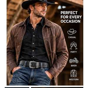Ceinture vintage cloutée en cuir véritable à 100 %, boucle ardillon style western, sangle noire décorative à rivets pour tenues décontractées, de soirée ou de motard - Product Image 4