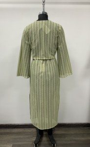 Women's <b>Green</b> Herringbone V-Neck <b>Lace</b>-Up Midi Dress Three Quarter Sleeve Casual Loose Fit Spring Summer Cotton Bamboo Fiber - Product Image 2