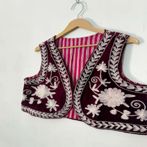 Opulent Short Floral Suzani Velvet Breathable Cotton Gilet with Artistic Embroidery Boho <b>Waistcoat</b> Sleeveless Layering Jacket - Product Image 2