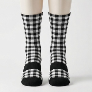 Crew <b>Socks</b> Plaid Pattern Black White Checkered Breathable Knitted Regular Style Adult Casual Wear - Product Image 1