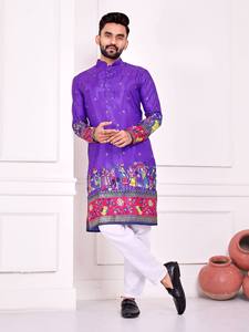 Kurta morada de algodón para hombre con estampado y bordado hechos a mano para ocasiones de boda, ropa tradicional de India y Pakistán - Product Image 3