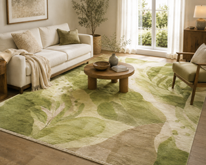 Tapis décoratif DECORDEC en laine vert sauge, motif botanique abstrait, écologique, antidérapant, tufté à la main, motif feuille aquarelle, olive - Product Image 2