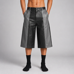 <b>Mens</b> Color Blocked Leather Look Bermuda <b>Shorts</b> Mid Waist Button Fly Street Style Panelled Design Solid Gray <b>Black</b> - Product Image 1
