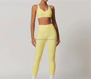 Conjunto de Yoga para Mujer de 4 Piezas con Logotipo Frontal, Cintura Alta, Color Sólido, Sin Costuras, para Gimnasio y Entrenamiento - Product Image 2