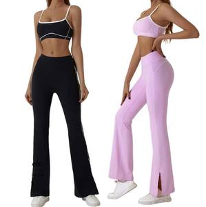 Seamless Breathable 100% Polyester Wrinkle-Resistant Yoga Set Mid Waist Full Length <b>Flared</b> <b>Leggings</b> Crop Top Spaghetti Strap - Product Image 1