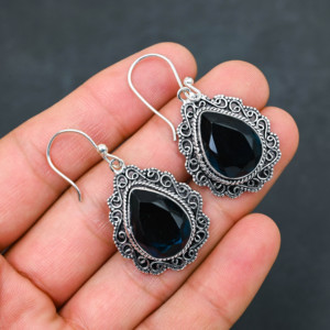 Boucles d'oreilles personnalisées en topaze bleue de Londres créée en laboratoire, en argent sterling 925, 1,9 pouce, bijoux en pierres précieuses faits à la main, boucles d'oreilles fines antiques, cadeau - Product Image 1
