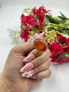 Lusterelics Natural Carnelian Brass 925 Silver Plated Bezel Floral Trendy <b>Boho</b> Style Unisex Wedding Engagement Gift Fashion <b>Ring</b> - Product Image 4