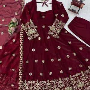 <b>Women</b> Ethnic Anarkali Gown Set with Dupatta Silk Sequin Long <b>Kurta</b> Dress Quick Dry Embossed Wedding Party Diwali Outfit - Product Image 6