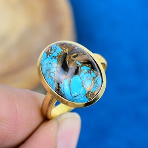 Natural Handmade Black Shell Copper Turquoise Oval Shape Gemstone <b>Ring</b> 18k Gold Micron Over 925 Sterling Silver <b>Ring</b> - Product Image 1