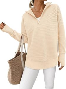 Womens Long Sleeve Quarter Zip <b>Pullover</b> Sweater Casual Loose V Neck Collared Ribbed Knit <b>Jumper</b> Tops Thumb Hole - Product Image 4