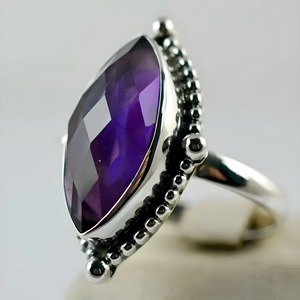 Amethyst <b>Ring</b> Handmade Sterling Silver Bezel Setting Natural Purple Marquise Gemstone <b>Boho</b> Jewelry February Birthstone - Product Image 1