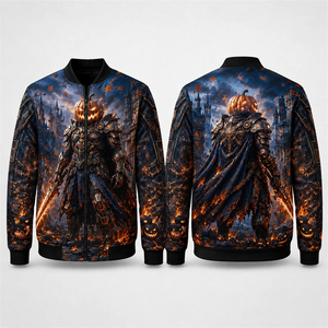 Mego Industry <b>Men's</b> Gothic Heat-Transfer Printed Canvas Breathable Bomber Jacket <b>Purple</b> Pumpkin Knight Design Zipper Closure - Product Image 2