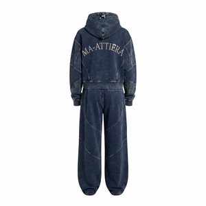 Custom <b>Women</b> Acid Wash <b>Navy</b> Blue Cropped Hoodie Wide Leg Jogger Set Cotton Fleece Streetwear Tracksuit OEM Wholesale - Product Image 4