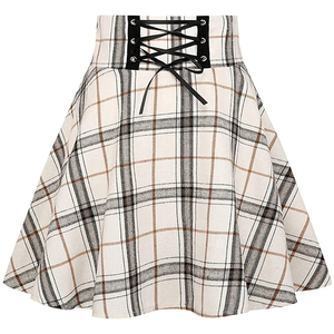 Jupe courte cargo à carreaux pour femme, taille normale, coupe trapèze, avec fermeture éclair sur le devant, design plissé, 100% coton, toutes saisons - Product Image 1