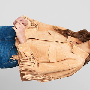 Blouson Bomber Rose en Cuir Véritable Imperméable à Franges, Col Montant, Manches Longues, Longueur Standard, Hiver Automne, pour Femme, Finition Soignée - Product Image 5
