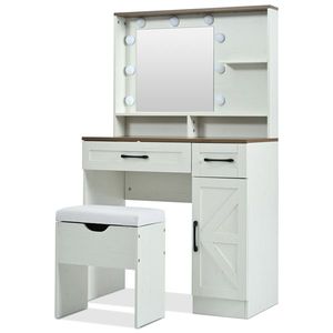 "Farmhouse Glass & Wood <b>Makeup</b> Vanity Desk with 3 Lighting Modes Adjustable Stool & <b>Mirror</b> Lights" - Product Image 6