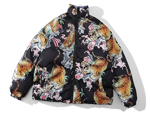Chaqueta Acolchada Estampada con Parches para Hombre, Cuello Alto, Cortavientos, Abrigo de Invierno, Corte Regular, Cierre de Botones, Relleno Grueso de Poliéster - Product Image 3