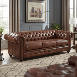 Sofá Chesterfield Tradicional de Cuero Marrón con Respaldo Acolchado, Sofá Clásico para Sala de Estar, Oficina, Vestíbulo de Hotel - Product Image 1